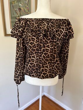 Michael Kors Leopard Off-Shoulder Ruffle Long-Sleeve Top - Brown size XS